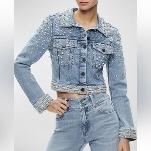 Alice + Olivia Pearl Studded Light Blue Denim Jacket XS